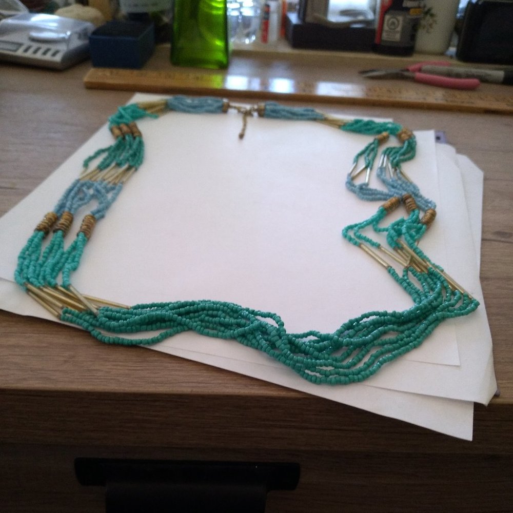 Imported simulated blue turquoise beaded tribal style long stretc necklace for m